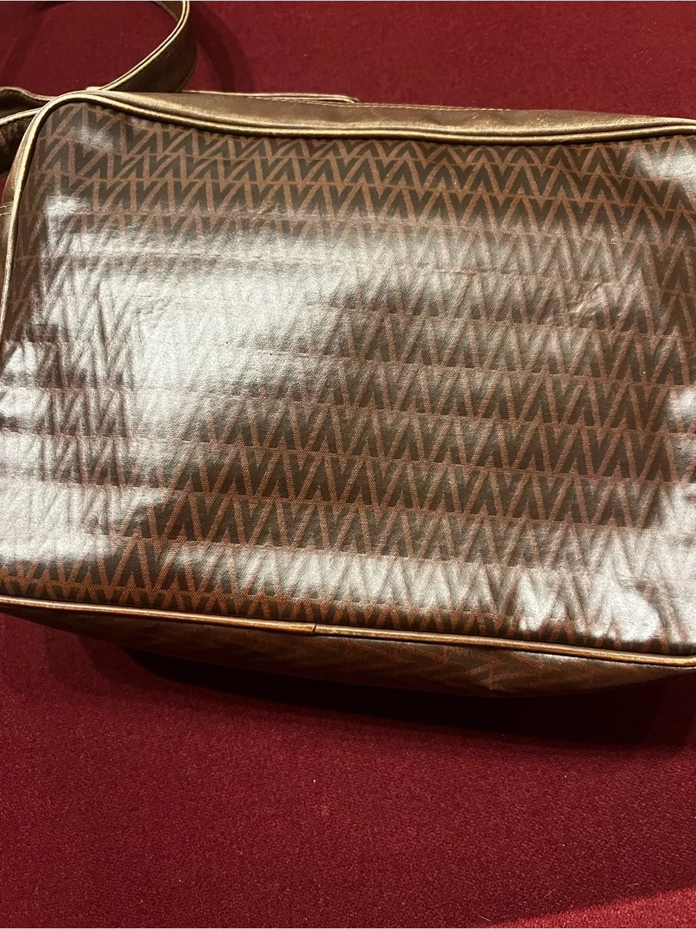 Vintage Mario Valentino Monogram Crossbody Bag Brown Leather Coated Canvas Vtg